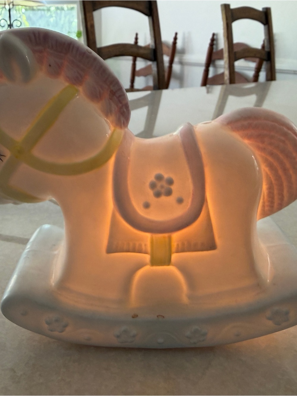 Enesco Ceramic Rocking Horse Night Light in White with Pink Accents